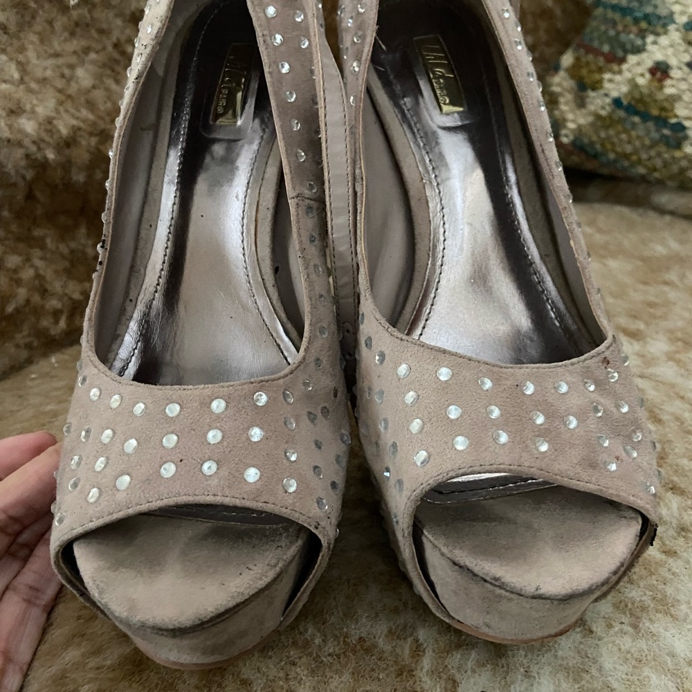 Mia Shoes Taupe Peep-Toe Heels with Studs